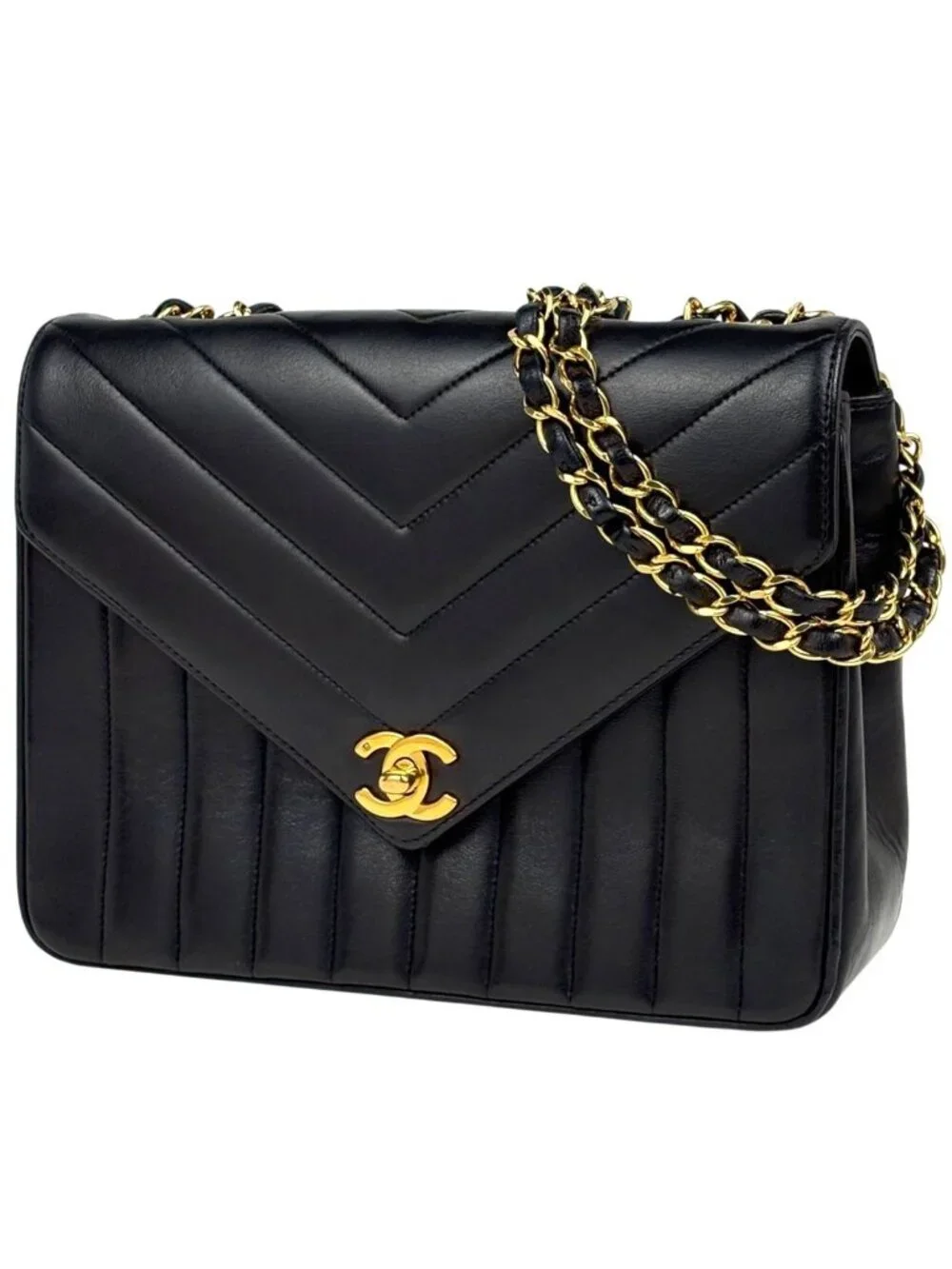 Chanel Shoulder Bag Stitch CC Logo Chain Chevron Mademoiselle Leather Black